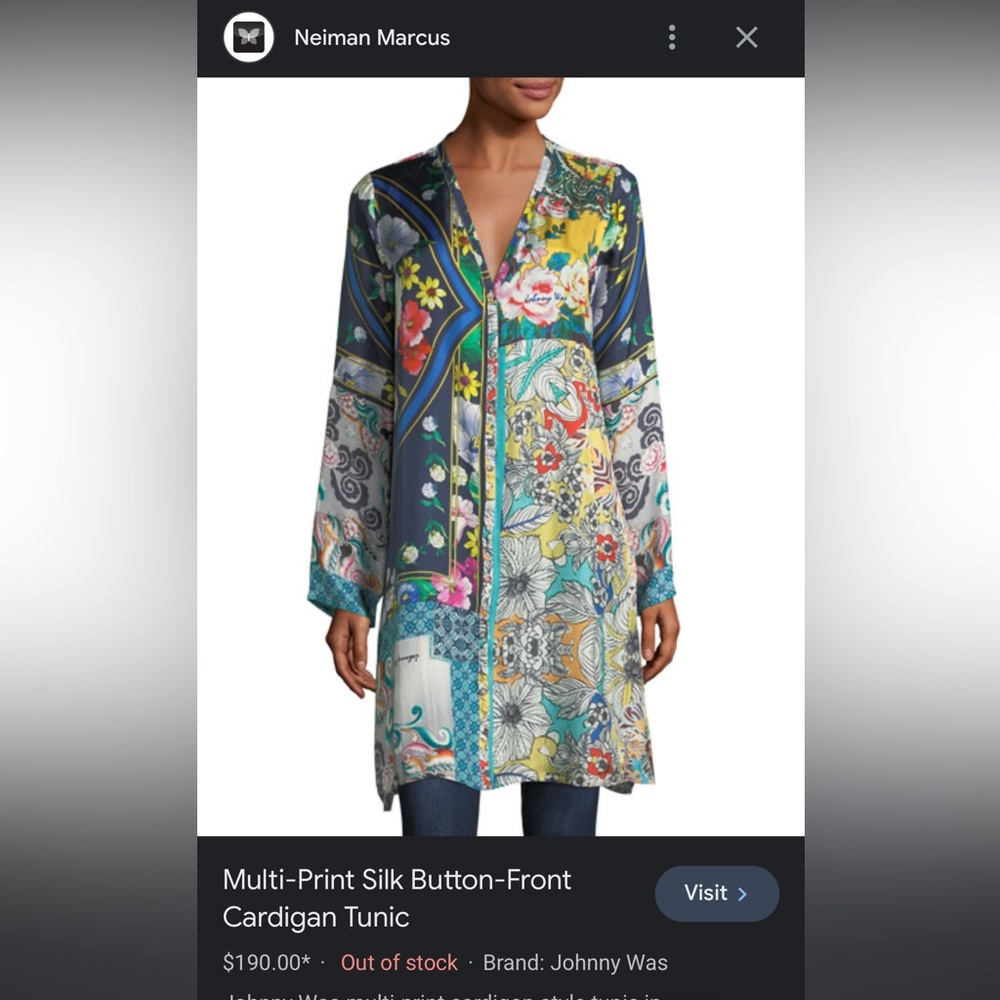 🔺 SOLD 🔺 Johnny Was Silk Cardigan Tunic *SOLD AS IS*